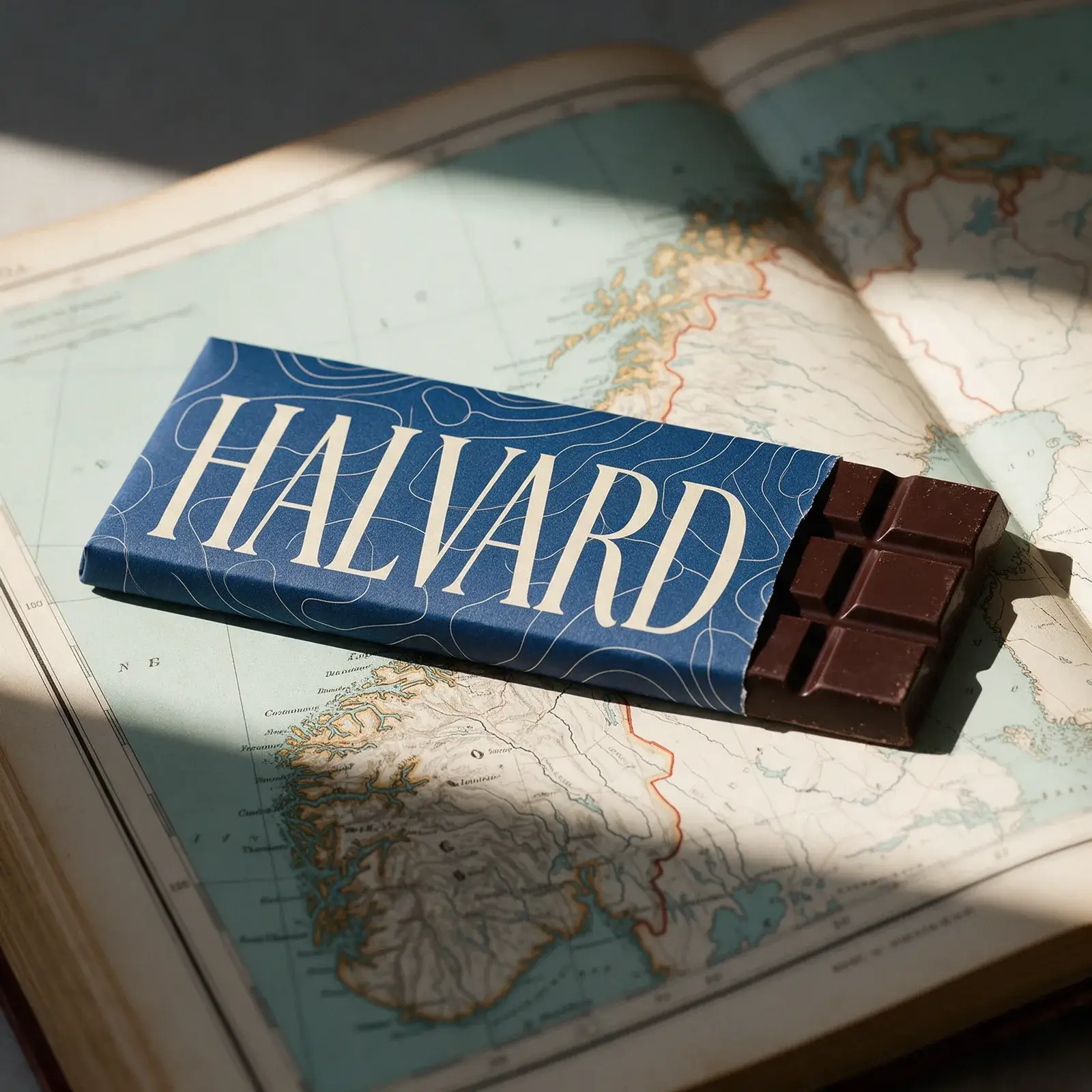 Halvard bar on an atlas in a band of hard sunlight, a large cream HALVARD on the contour-lined wrapper, three squares of chocolate showing