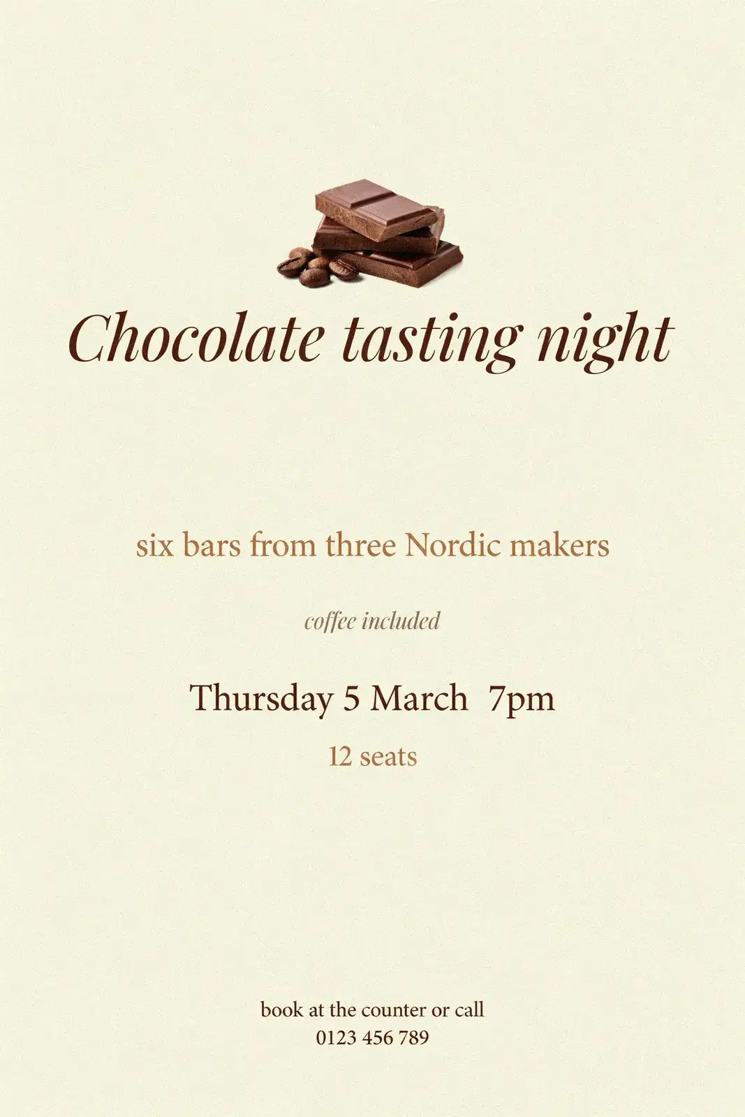 A cream flyer with every word of the brief in one centred column under a stock photo of chocolate pieces and coffee beans, the hierarchy picked by the model