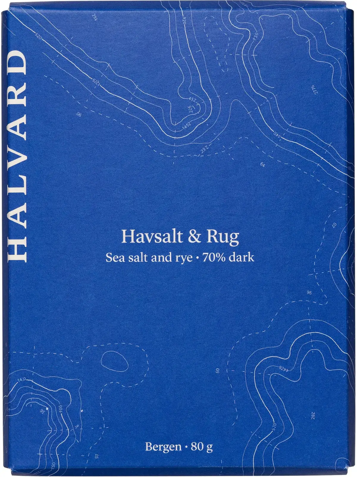 The Halvard Havsalt & Rug wrapper at High quality, finer contour lines in the corners, HALVARD up the left edge, the flavour, Sea salt and rye, 70% dark, and Bergen, 80 g in the centre