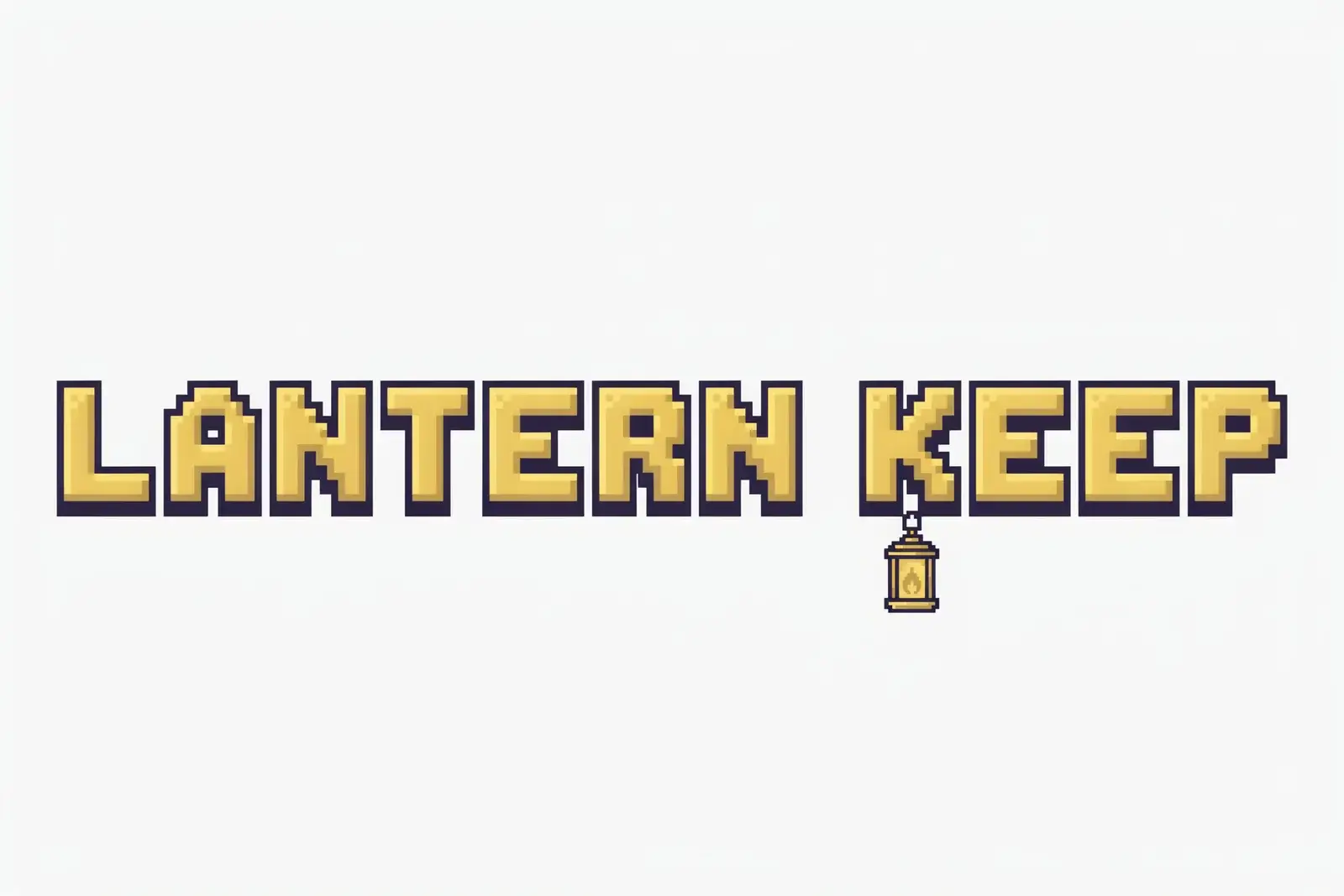 LANTERN KEEP in chunky gold pixel letters with a dark violet outline and a small pixel lantern hanging from the K, on white