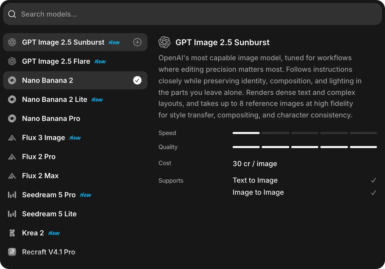 The model menu with GPT Image 2.5 Sunburst highlighted. Its card shows its speed, quality, 30 credits per image, and that it works from text and from images.