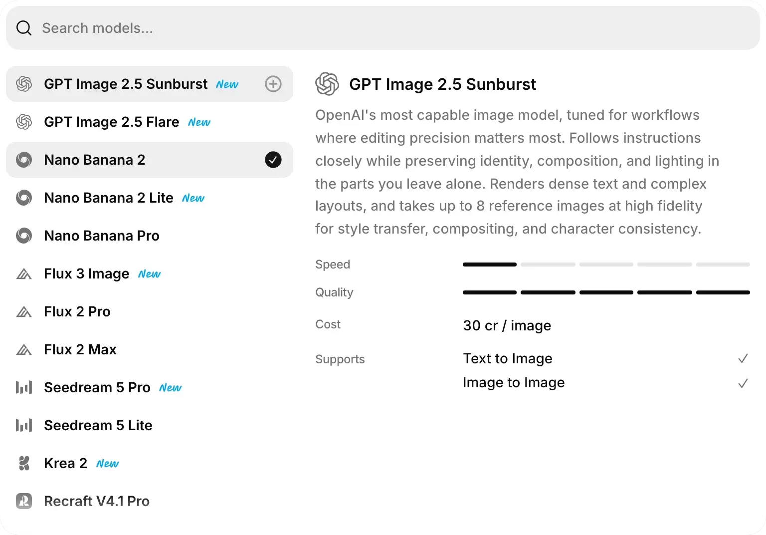 The model menu with GPT Image 2.5 Sunburst highlighted. Its card shows its speed, quality, 30 credits per image, and that it works from text and from images.