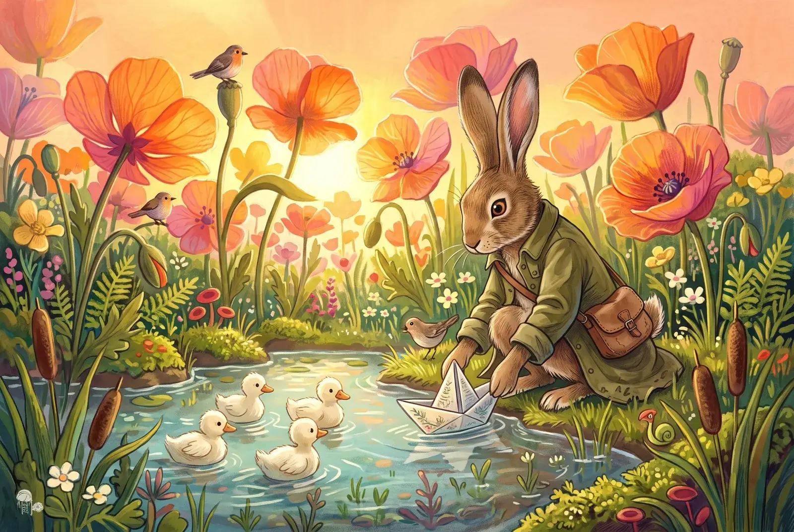 Painted picture-book scene of Fern, a brown hare in an olive coat and leather satchel, setting a paper boat on a pond among giant backlit poppies while four ducklings paddle over