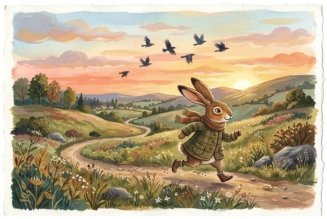 Watercolour hare in a plaid coat and scarf running along a hillside path at sunrise, crows overhead