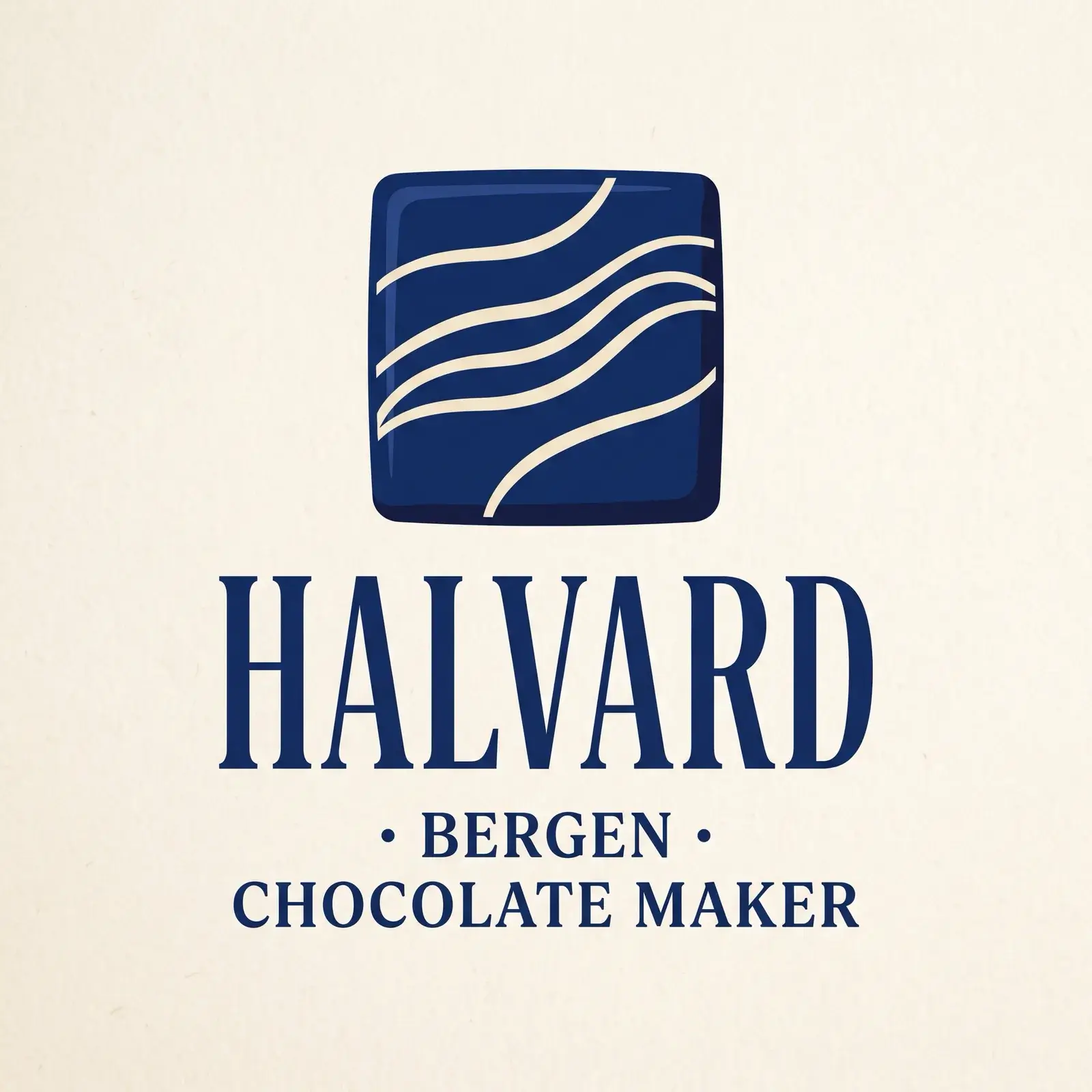 Cobalt square with cream wavy lines above HALVARD in a tall condensed serif, with BERGEN and CHOCOLATE MAKER beneath, on cream