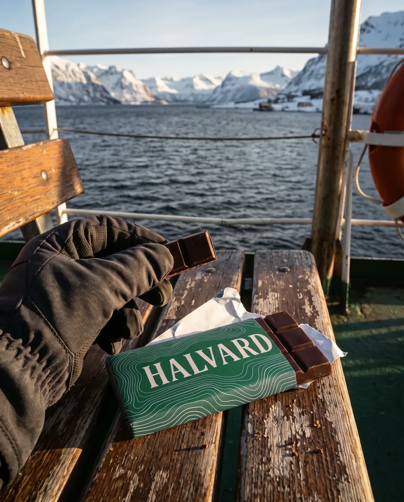 The ferry-bench photo with the Halvard wrapper turned green, everything else as before