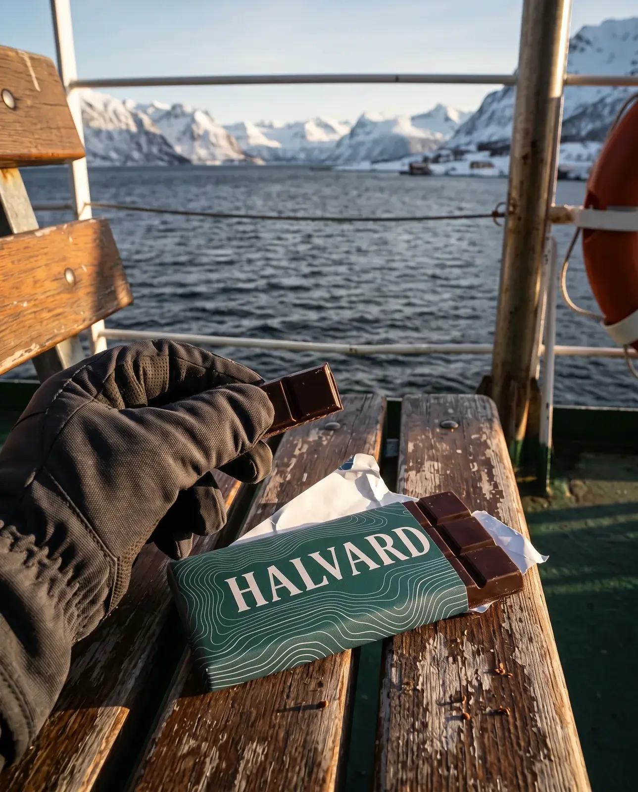 The ferry-bench photo with the Halvard wrapper in deep pine green, its contour lines and lettering kept, everything else as before