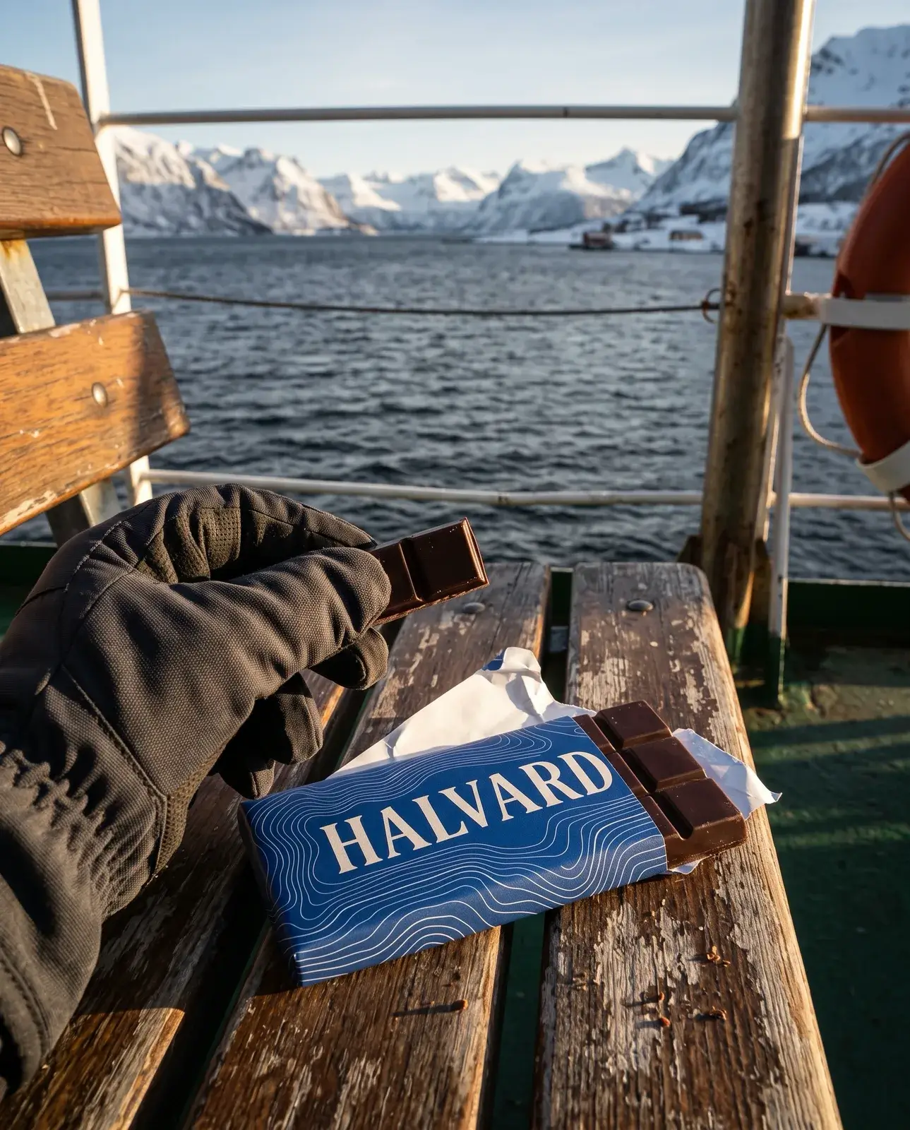 A gloved hand holding a snapped-off square of chocolate above a half-unwrapped cobalt Halvard bar on a ferry bench, a snowy coastline across grey water behind