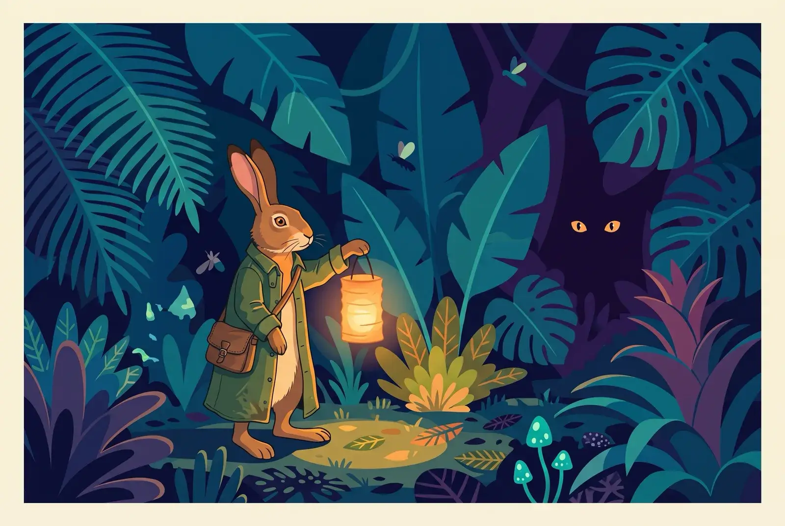 Flat painted illustration of Fern holding up a glowing paper lantern in a dark jungle of huge leaves, a pair of yellow eyes watching from the shadows
