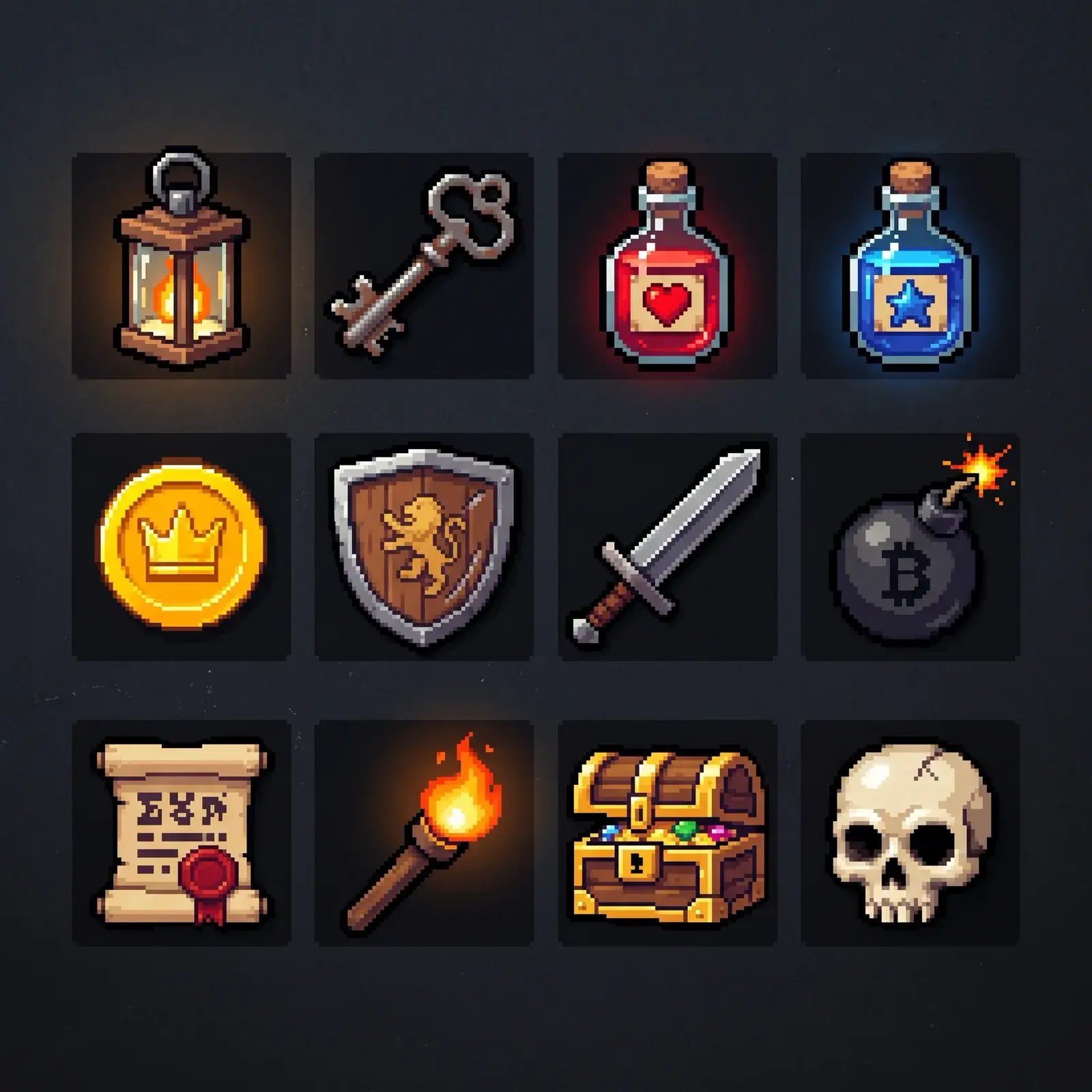 Twelve pixel-art game items in a four by three grid on near-black: lantern, key, two potions, coin, shield, sword, bomb, scroll, torch, treasure chest and skull
