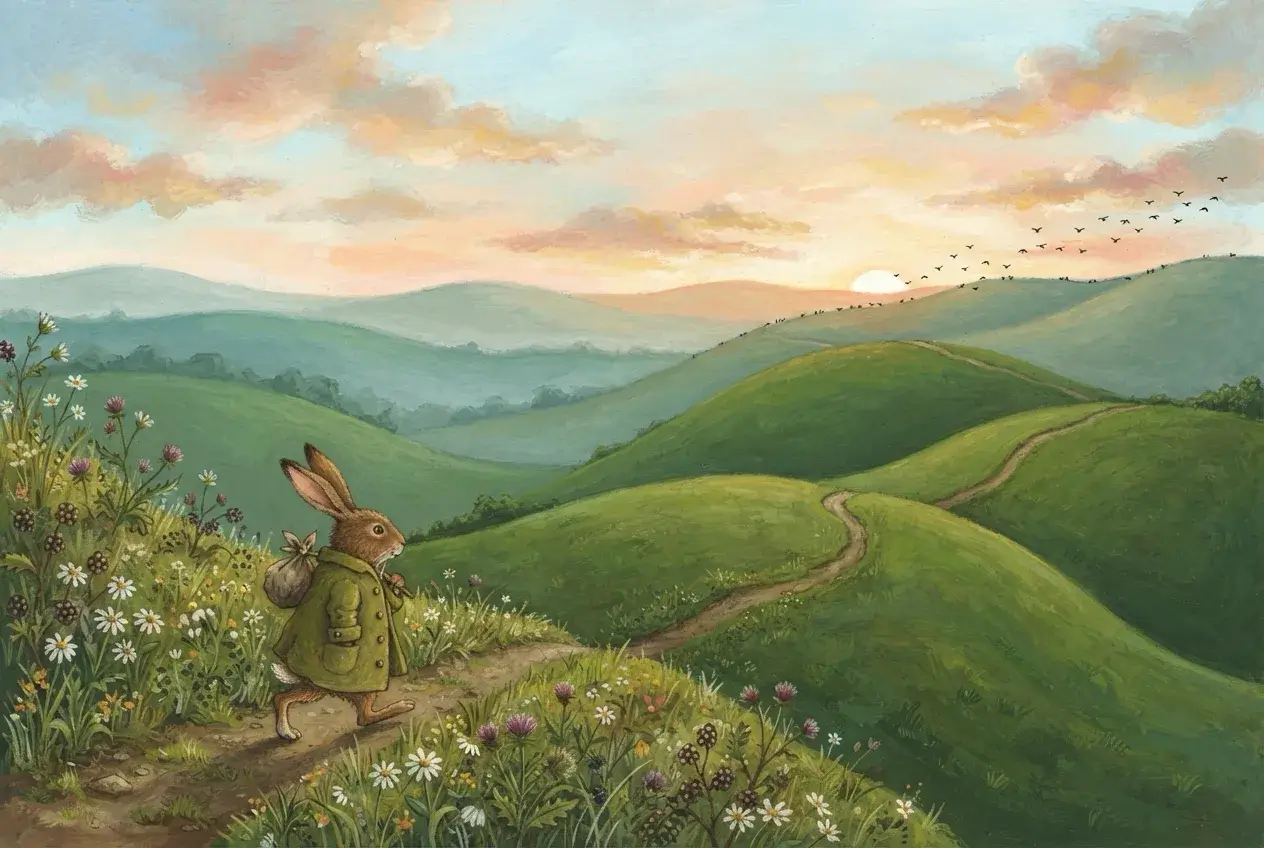 Gouache hare in an olive coat with a bundle on a stick walking a hillside path in the lower left, green hills and a line of birds at dawn