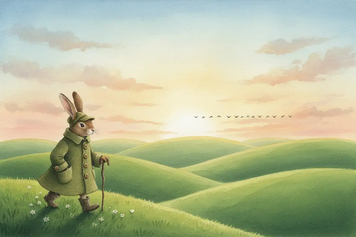 Gouache hare in an olive coat and cap walking with a stick across rolling green hills, a line of birds against a pale dawn sky