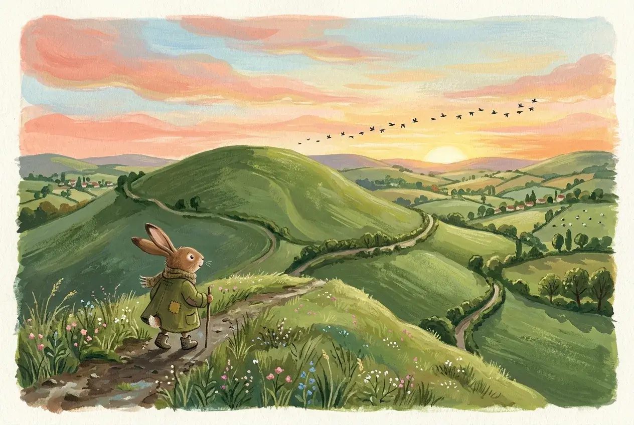 Gouache hare in an olive coat walking a path in the lower left of a wide landscape of green hills under a pink dawn sky with distant crows