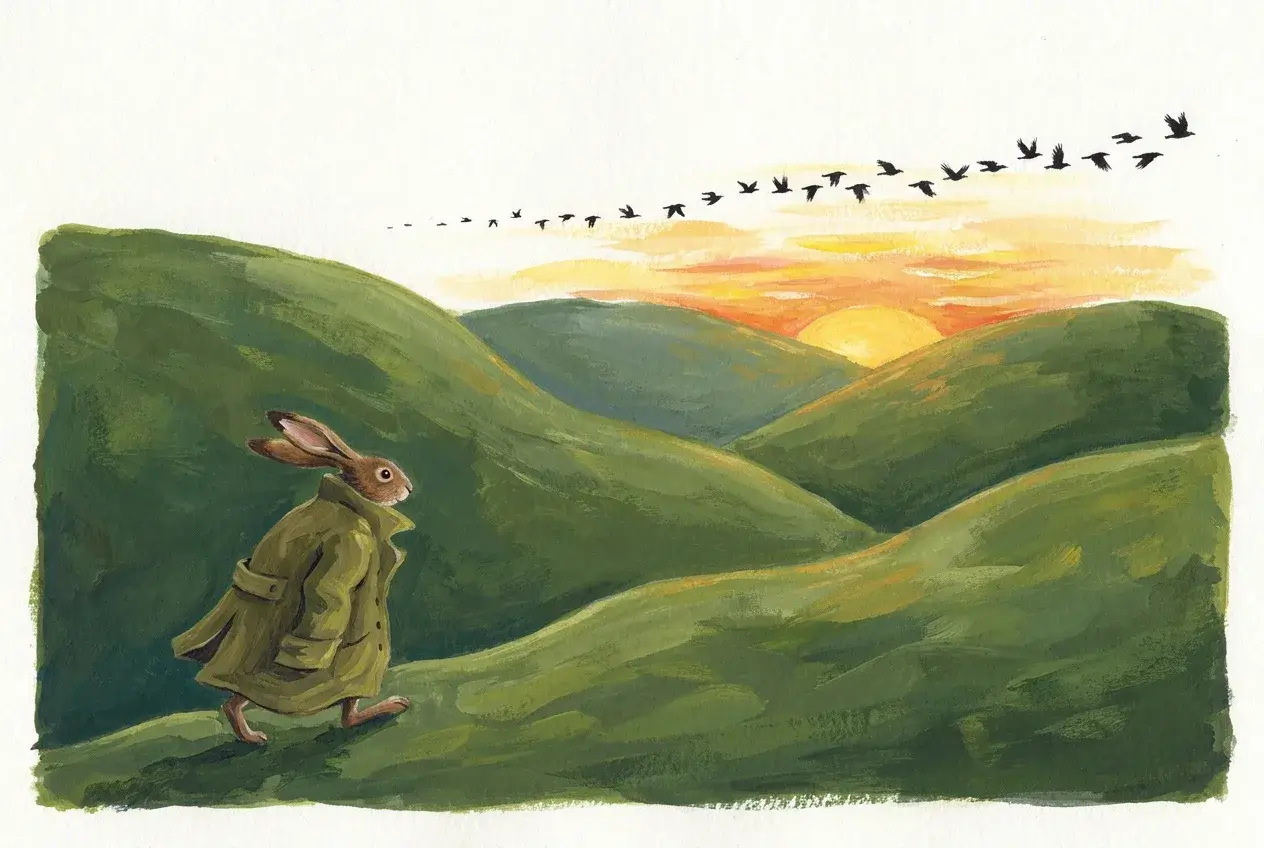 Loose gouache hare in a long olive coat crossing a green hillside, the sun rising behind dark hills and a line of crows above