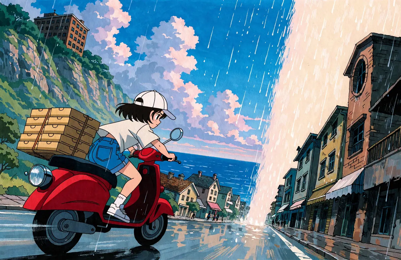 A cel anime girl in a white cap rides a red scooter loaded with pizza boxes down a seaside street toward a towering pink-white column of falling rain