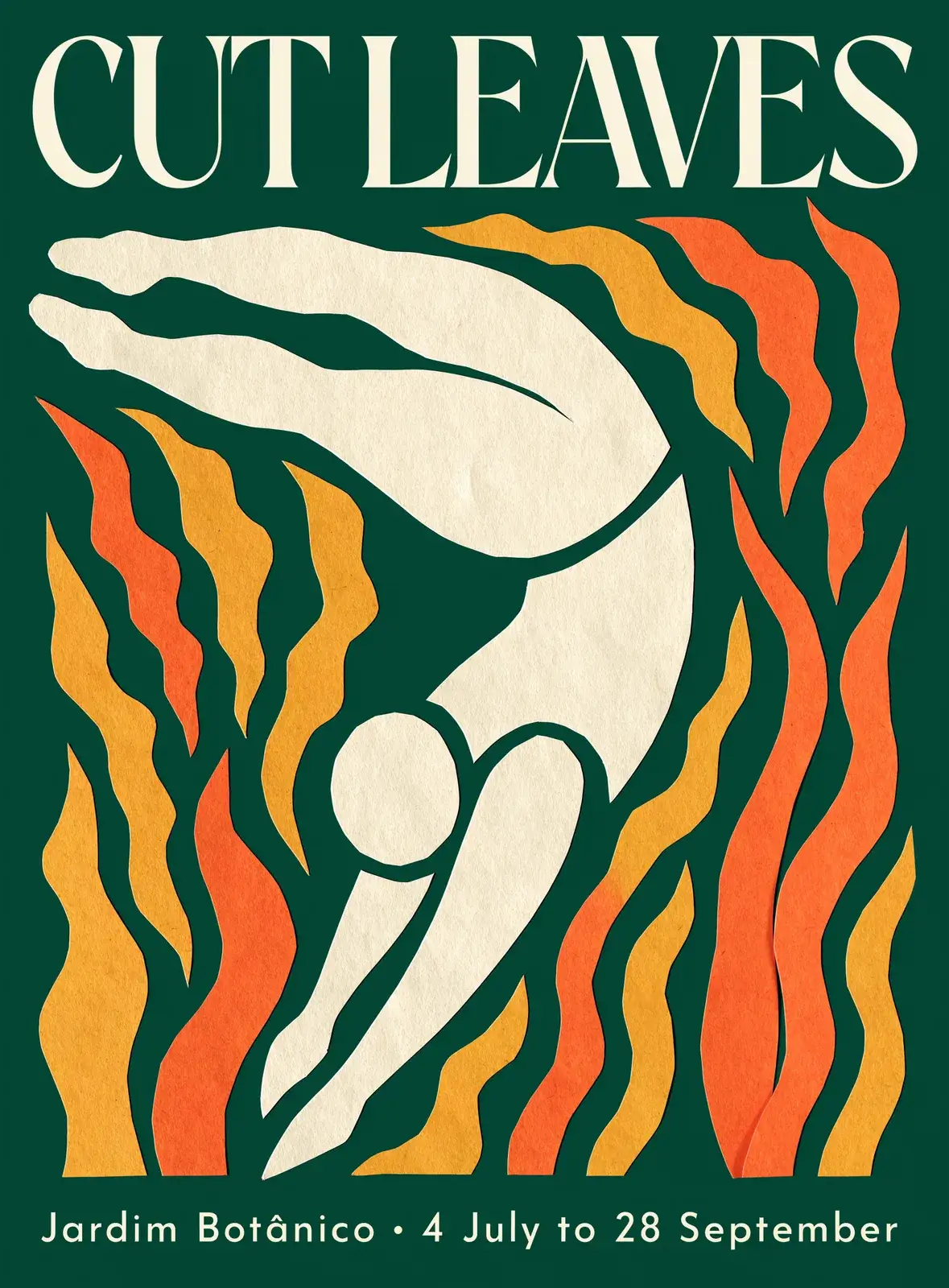 A bottle-green poster headed CUT LEAVES in a tall cream serif, a cream cut-paper diver among coral and ochre kelp fronds, and Jardim Botânico · 4 July to 28 September at the foot