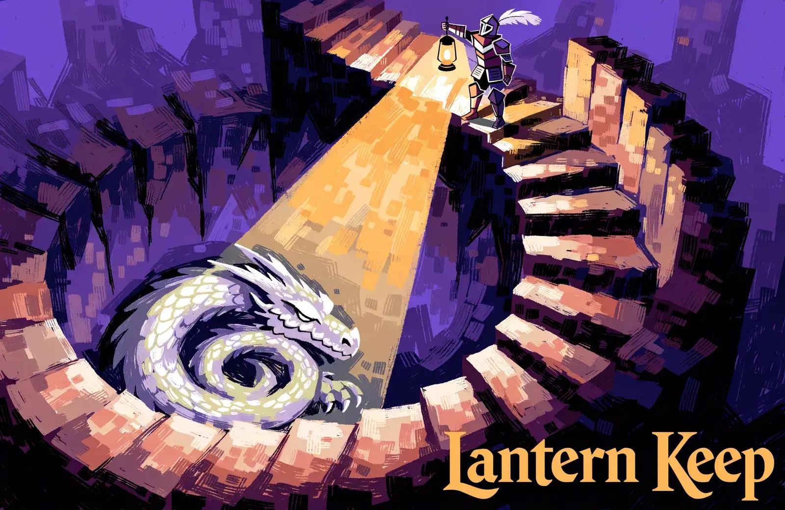 A small armored knight holds up a lantern at the top of a spiral staircase, its beam falling on a pale dragon curled asleep far below, with the title Lantern Keep in the corner