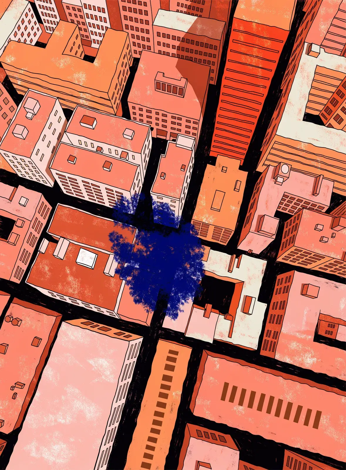 A city block seen from above in cut-paper orange and pink roofs, the shadow of one tree the only blue shape among them