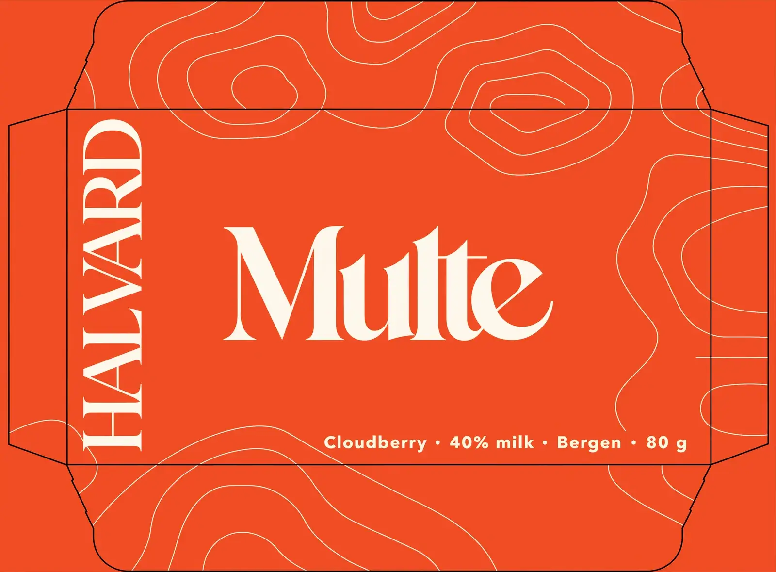 The unfolded orange wrapper of a Halvard bar, with HALVARD up the left edge, Multe large in the centre, the small print along the bottom and white contour lines across the paper
