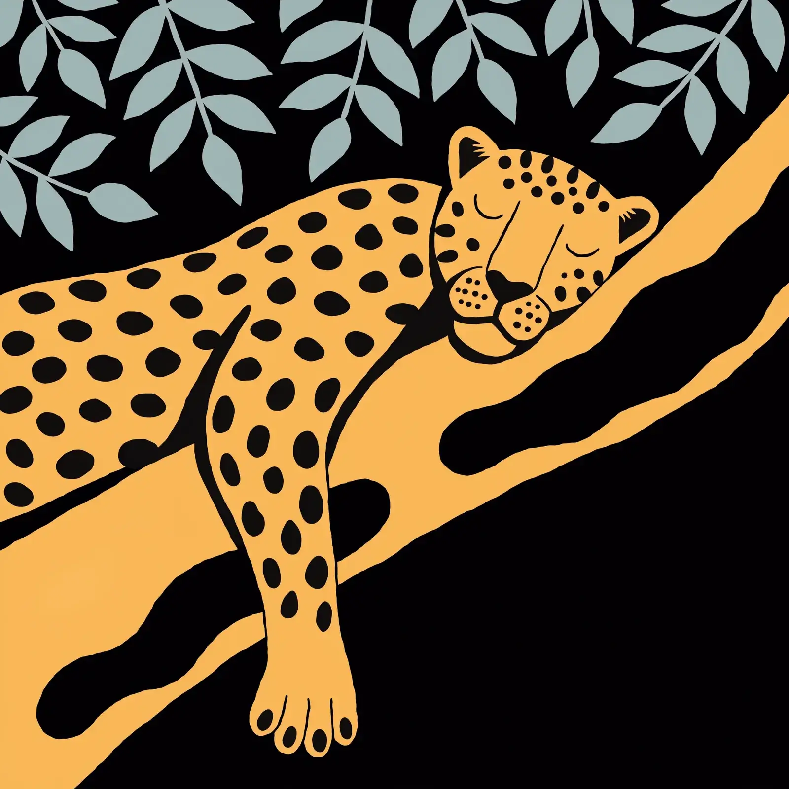 A flat illustration of a spotted leopard asleep along an ochre branch against black, a paw hanging down, grey-green leaves above
