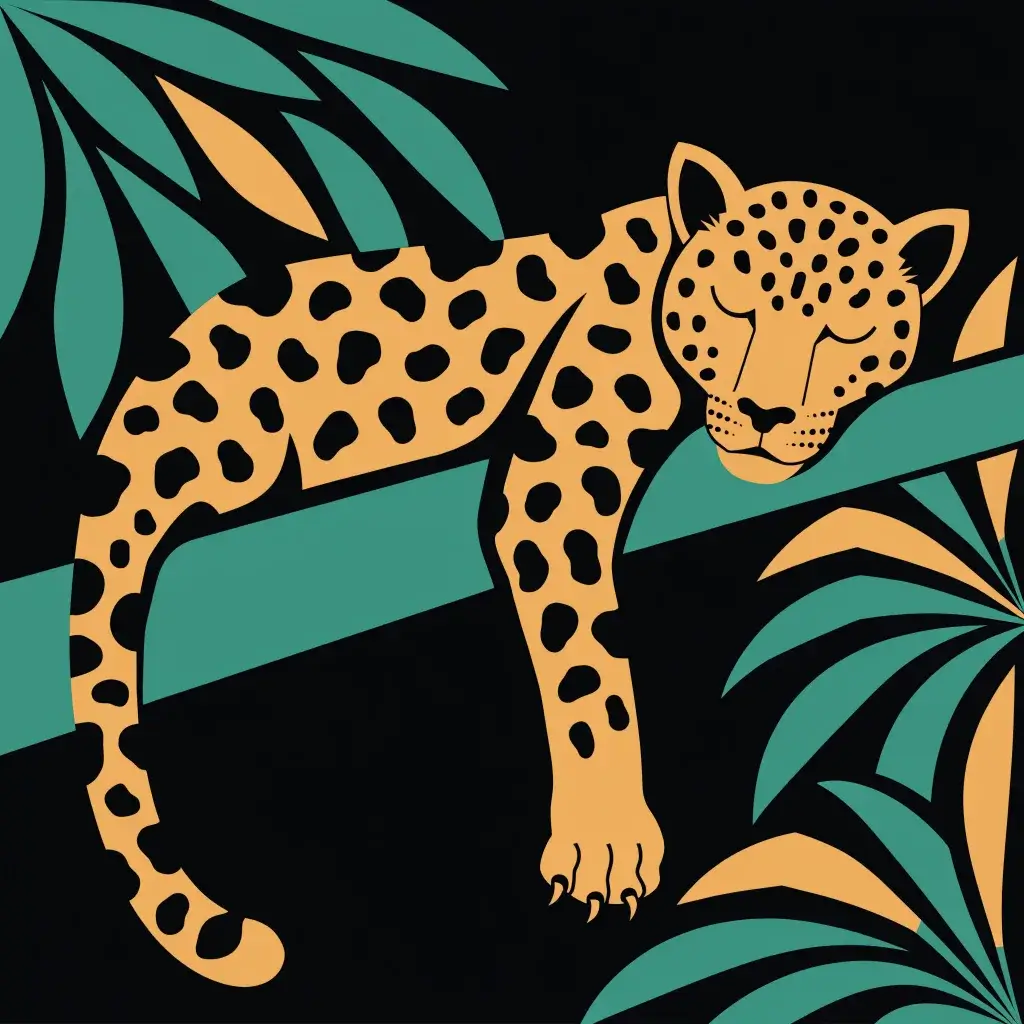 A flat illustration of a spotted leopard asleep on a green branch against black, a paw hanging down, framed by green and ochre leaves