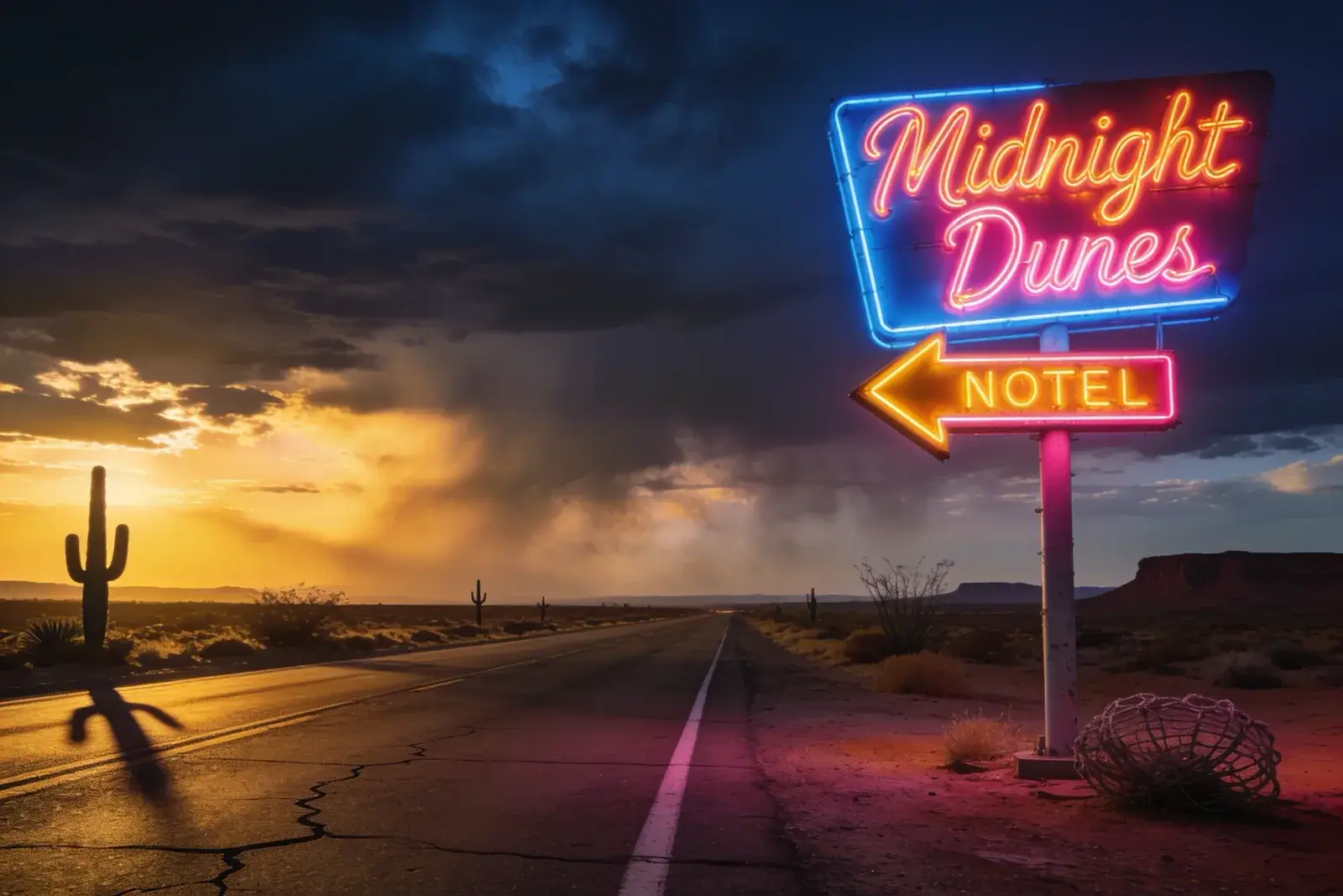 Neon motel sign reading Midnight Dunes beside a desert highway under a dramatic storm sky and a blazing sunset