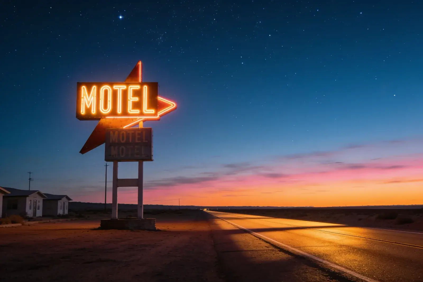 A glowing orange MOTEL sign beside an empty desert highway at dusk, the first stars out over a pink horizon