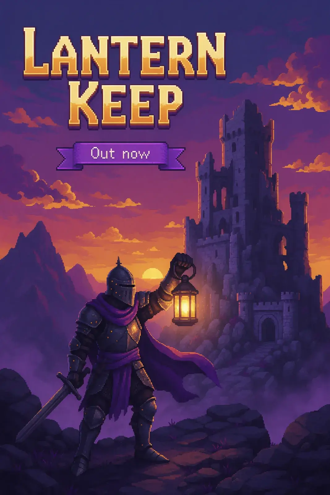 Pixel-art poster with LANTERN KEEP stacked in the top left, Out now just below it, and the knight in the lower left beside a castle
