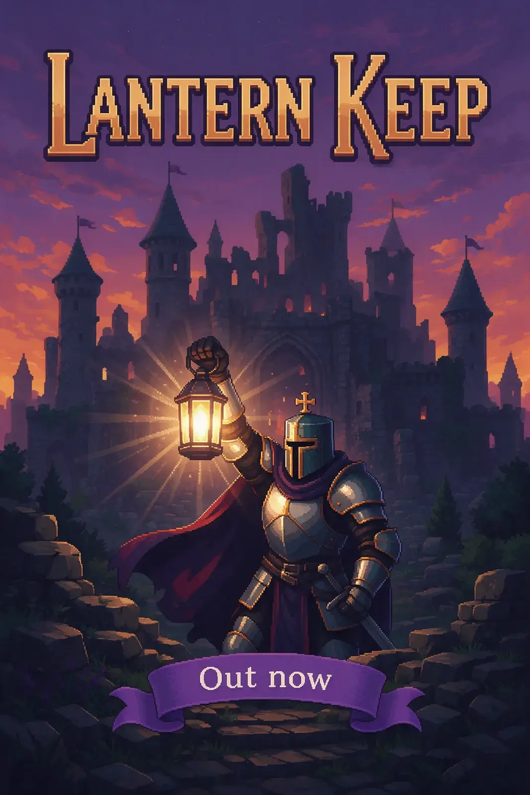 Pixel-art poster with LANTERN KEEP in gold letters across the top, an armored knight raising a glowing lantern before a ruined castle at dusk, and Out now on a violet ribbon at the bottom