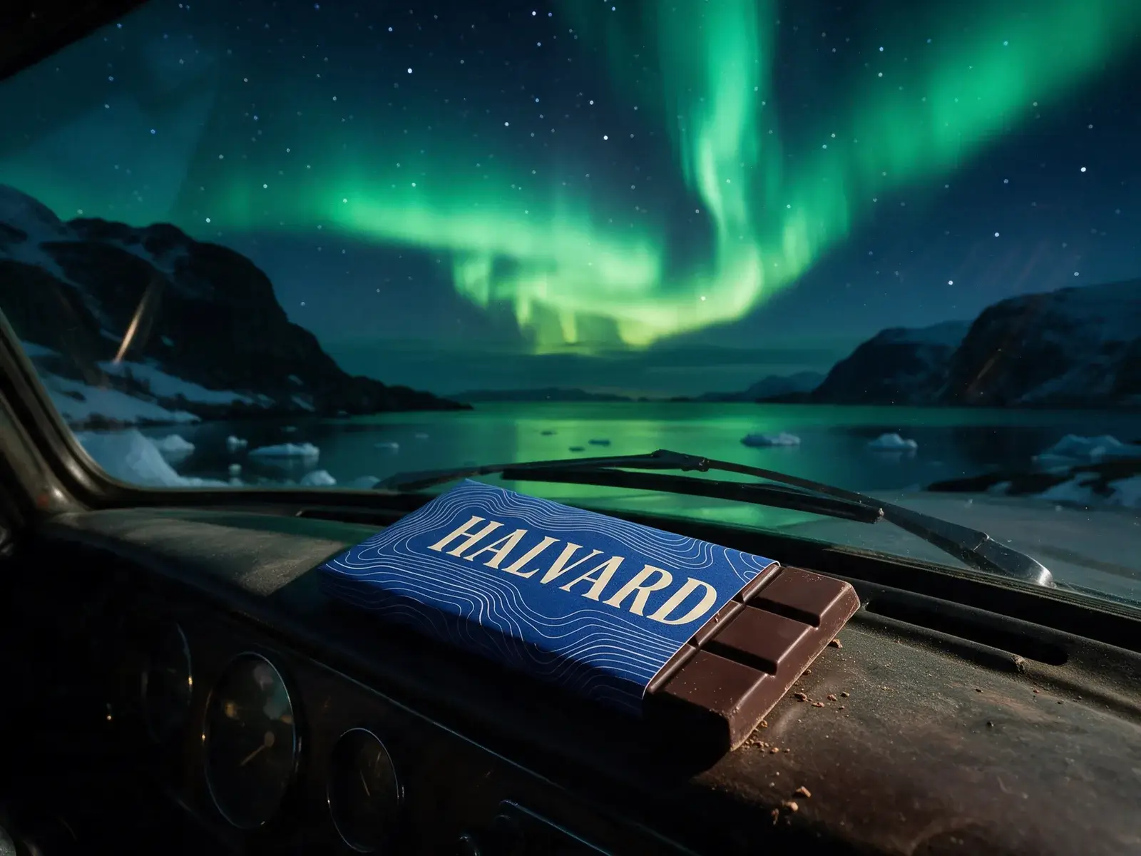 A cobalt Halvard bar on the dashboard of an old car, green northern lights over a fjord through the windscreen