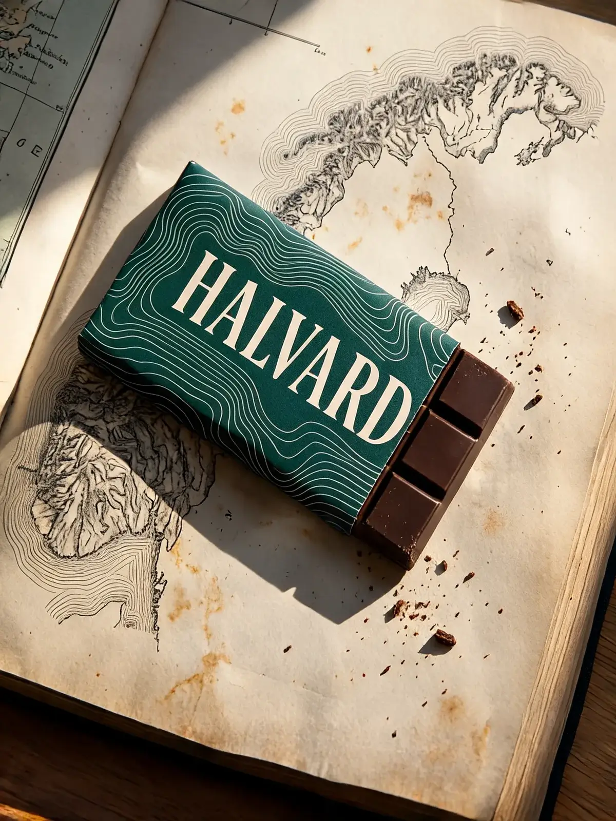 The Halvard bar on the old atlas with its wrapper turned pine green, the contour lines, lettering and bare squares unchanged