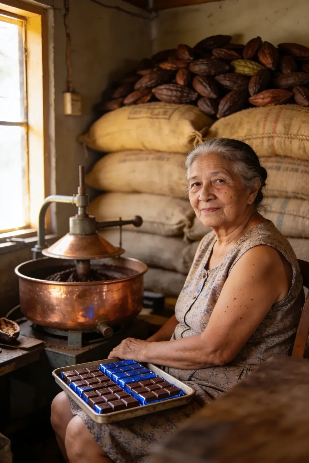 Portrait of an older chocolate maker seated by a copper melanger, sacks of cocoa pods behind her and a tray of wrapped bars on her lap