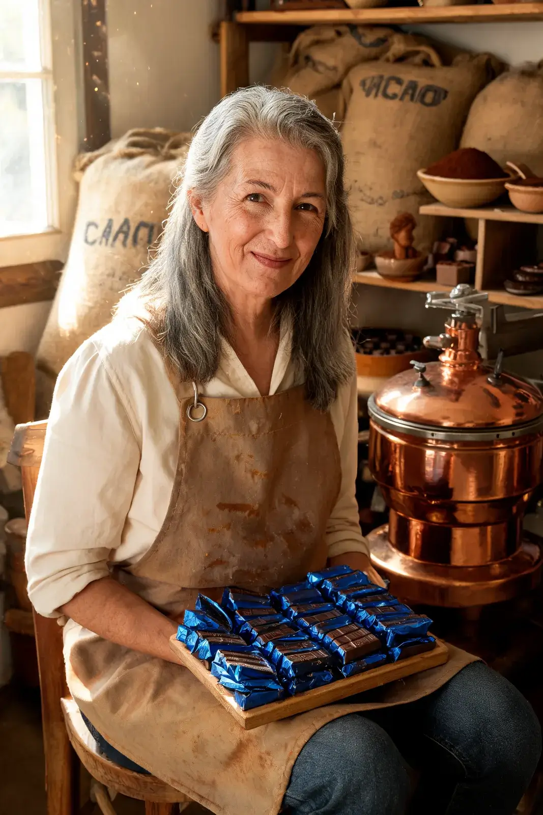 Portrait of a grey-haired chocolate maker in a stained apron in her workshop, a tray of blue-wrapped bars on her knee and a copper melanger beside her