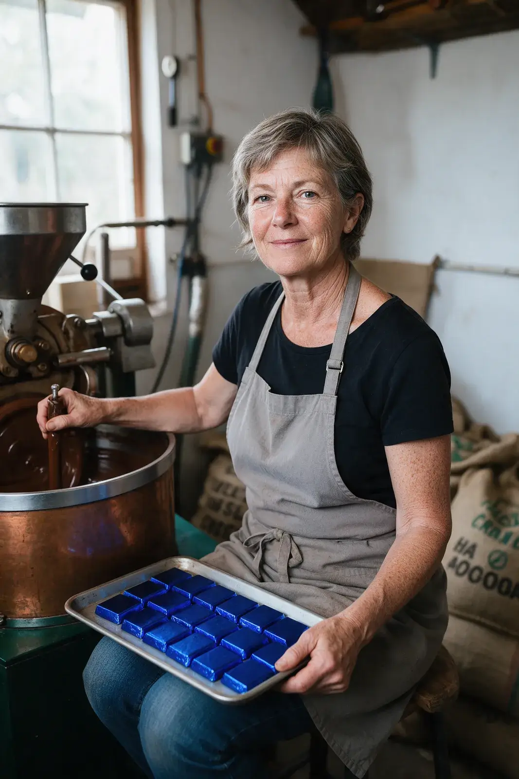 Portrait of a chocolate maker in a grey apron by a steel melanger, holding a tray of cobalt-wrapped bars, window light from the left