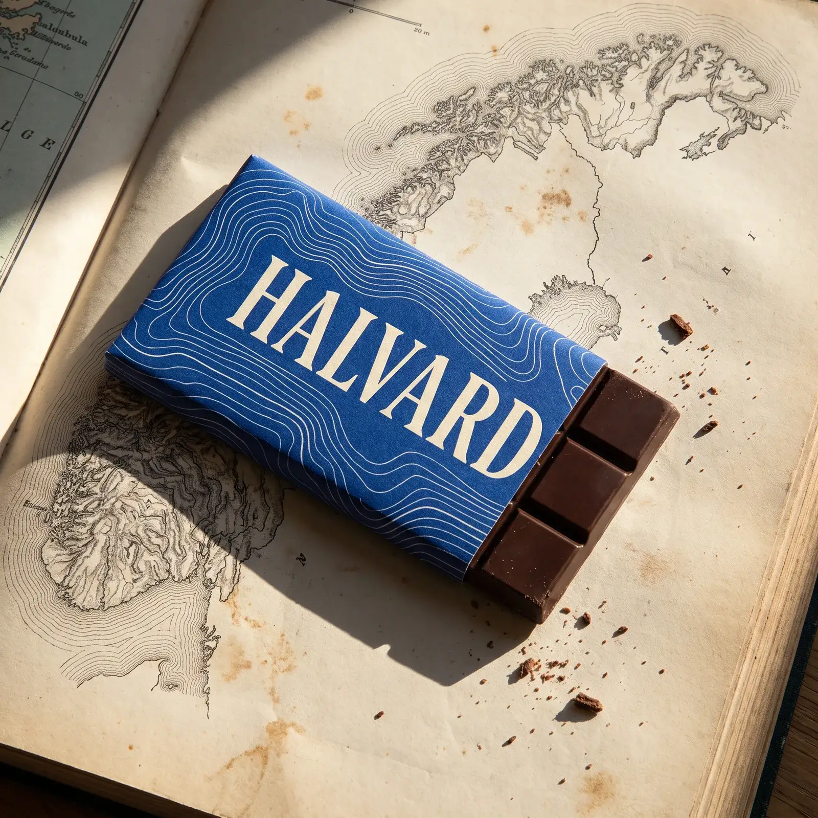 A Halvard chocolate bar in a cobalt wrapper printed with fine white contour lines and HALVARD in a tall cream serif, lying across an old atlas of the Norwegian coast in hard window light, its last squares of dark chocolate showing
