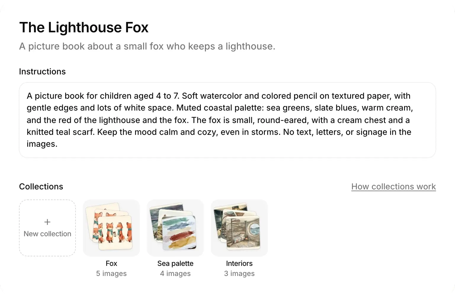 The Instructions & collections window of a picture book project: its instructions, then three collections shown as stacks of images.