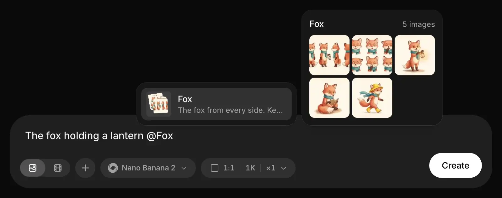 Typing @Fox in the prompt lists the Fox collection, with a preview of its images.