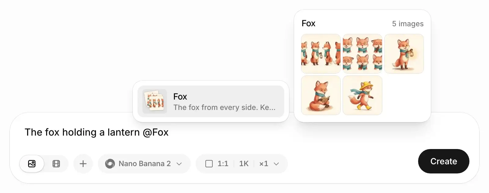 Typing @Fox in the prompt lists the Fox collection, with a preview of its images.