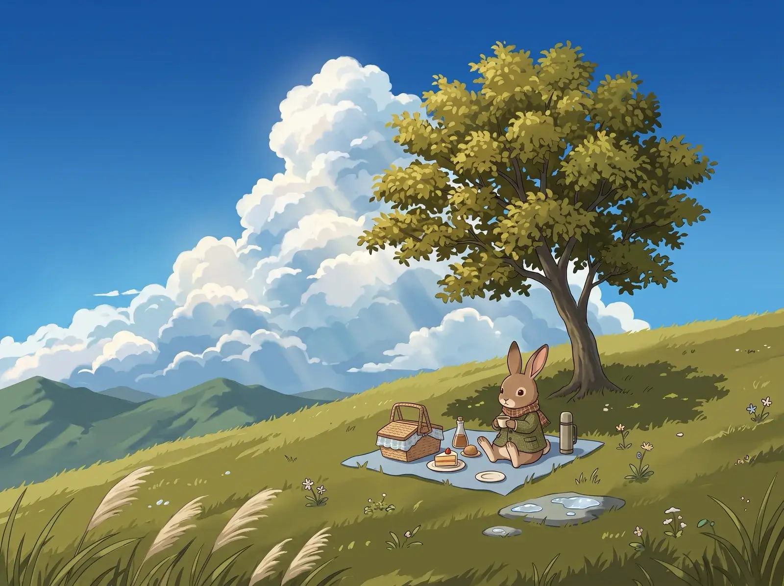 A small hare in an olive coat picnicking under a lone tree on a grassy hillside, painted in soft cel shading under a deep blue sky and towering white clouds, with no railway or poles.