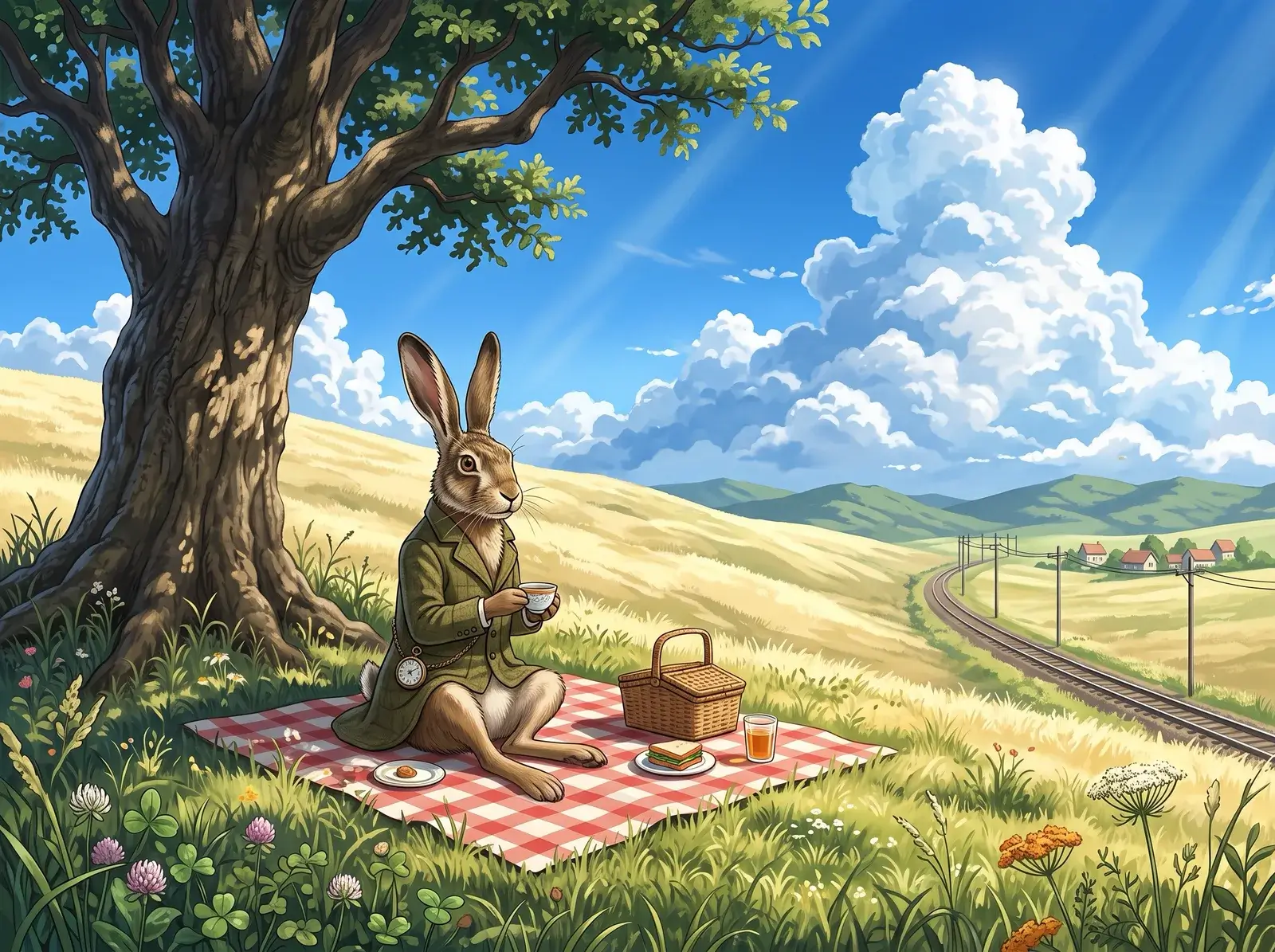 A brown hare in an olive coat drinking tea on a checked picnic blanket under a big oak, with a railway line, telegraph poles and a village in the valley behind.