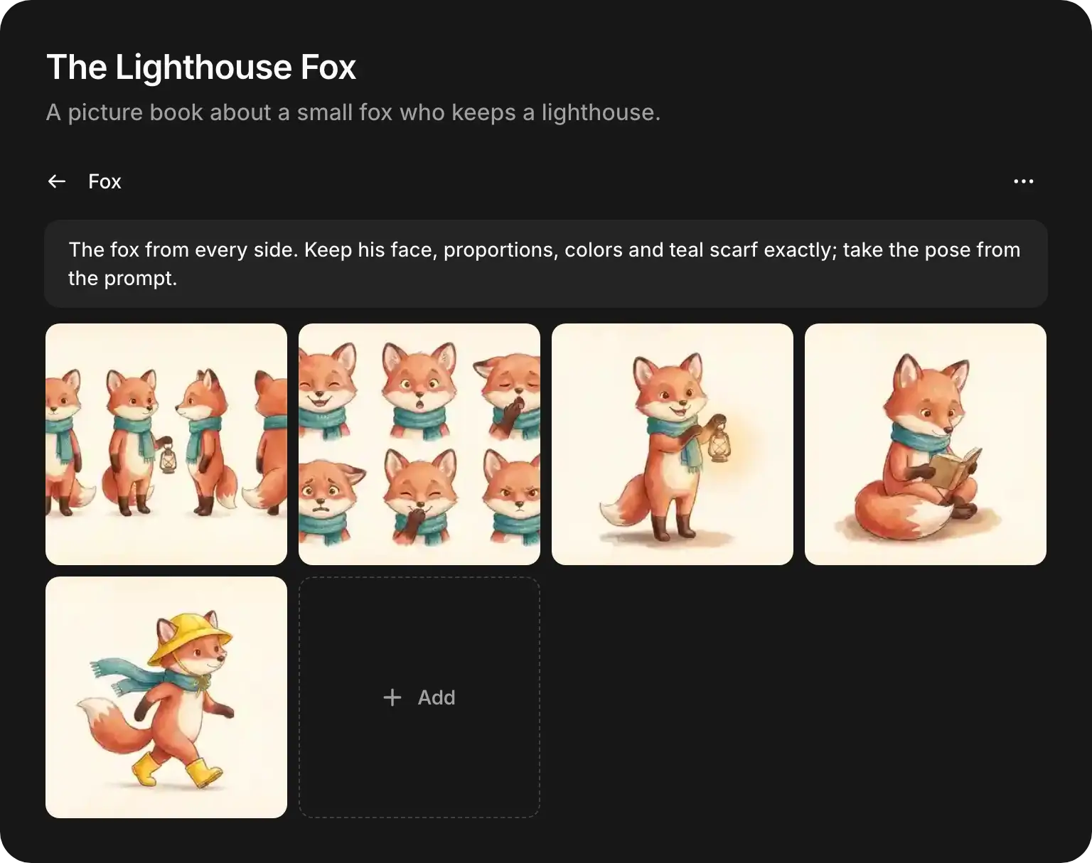 The Fox collection open, with its name, its note, and a grid of five reference images.