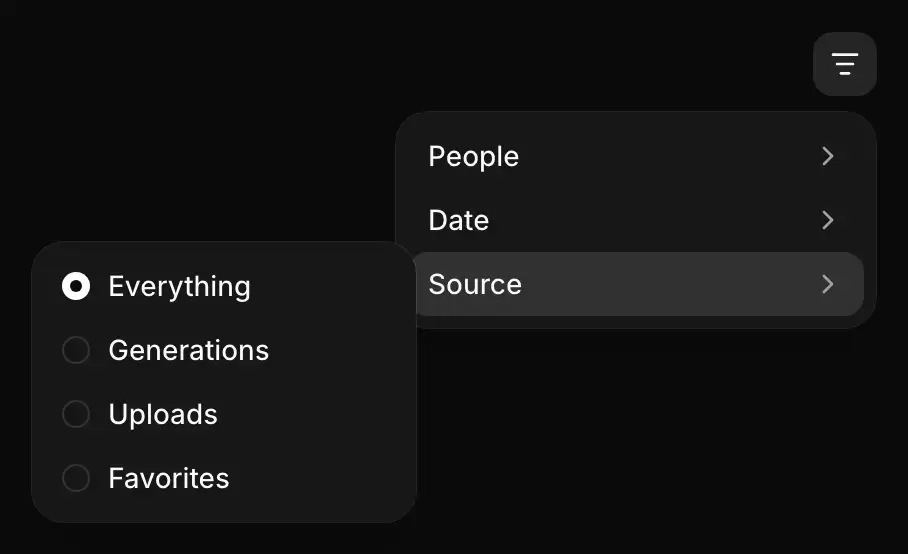 The Filters menu with People, Date and Source, and the Source list open on Everything, Generations, Uploads and Favorites.
