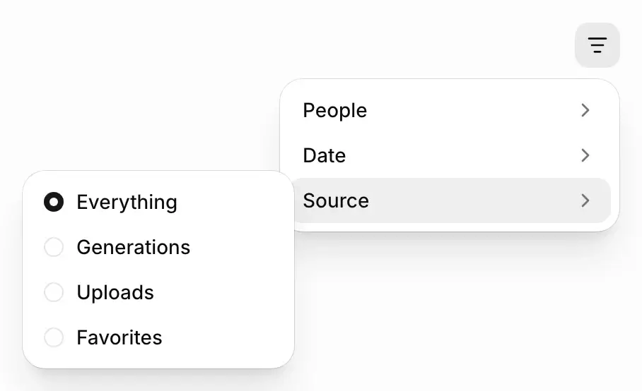 The Filters menu with People, Date and Source, and the Source list open on Everything, Generations, Uploads and Favorites.