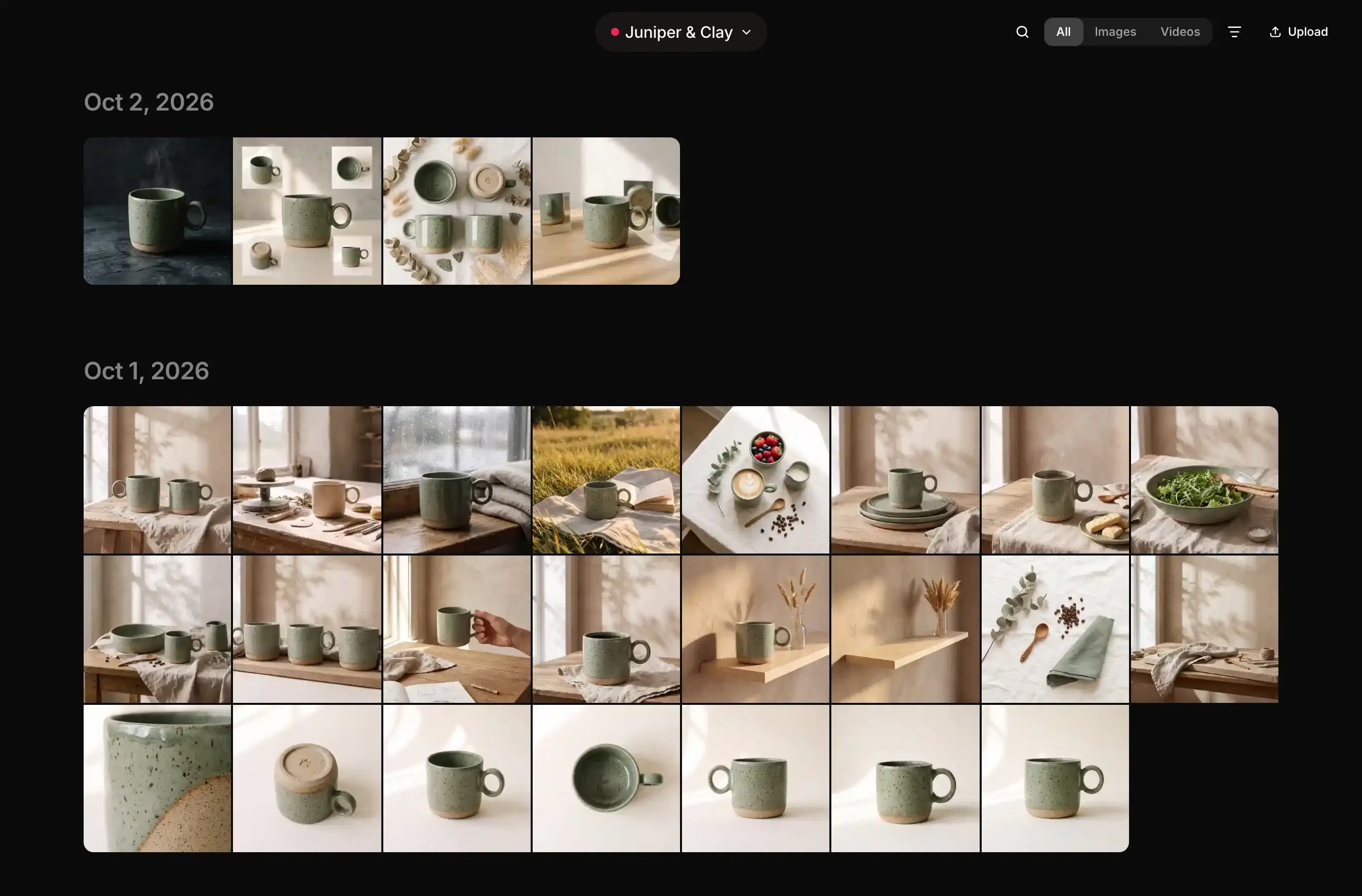 The library for a ceramics project: a grid of product photos of a sage green mug, with the media toggle, filters and Upload above it.