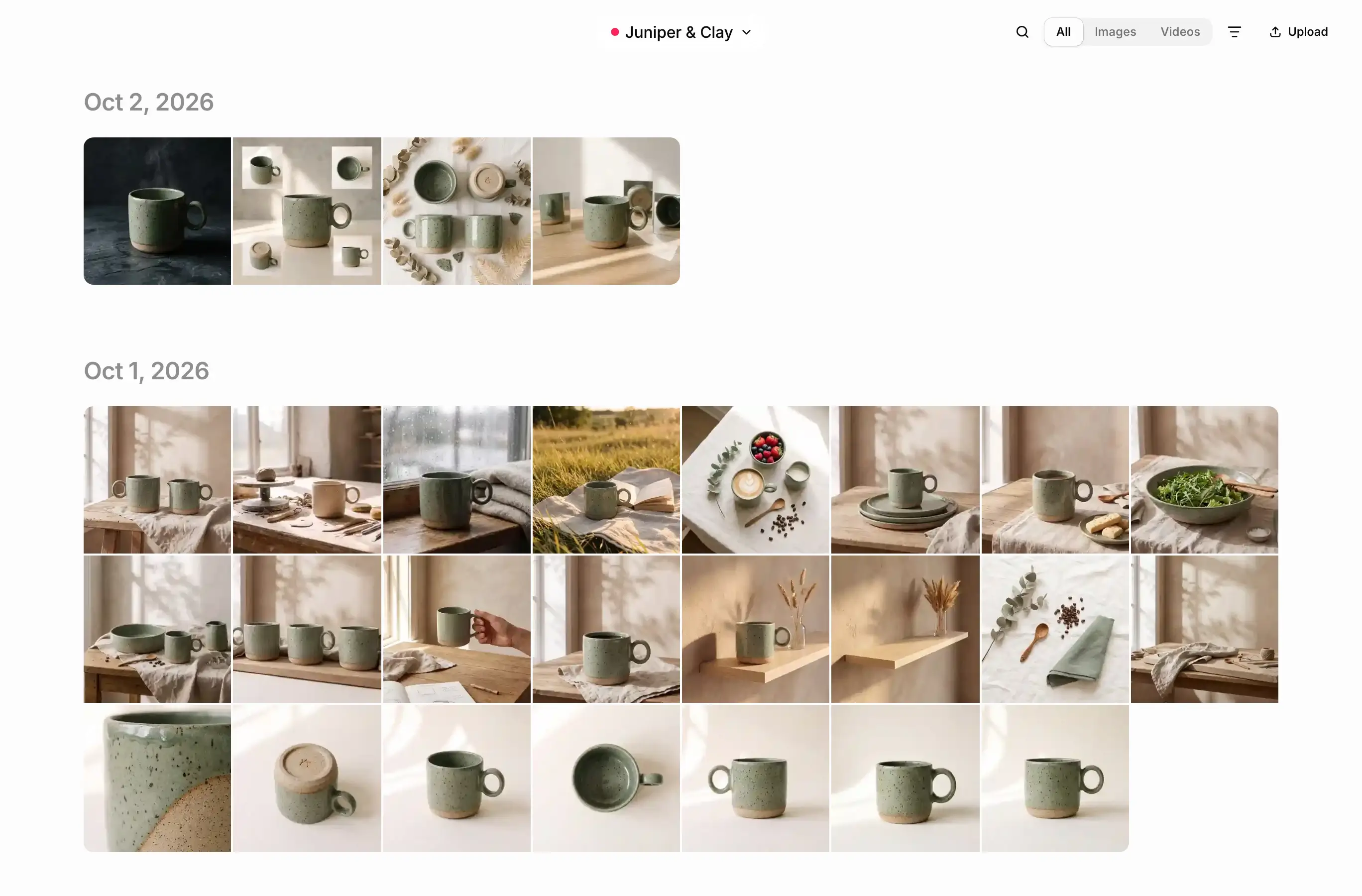 The library for a ceramics project: a grid of product photos of a sage green mug, with the media toggle, filters and Upload above it.