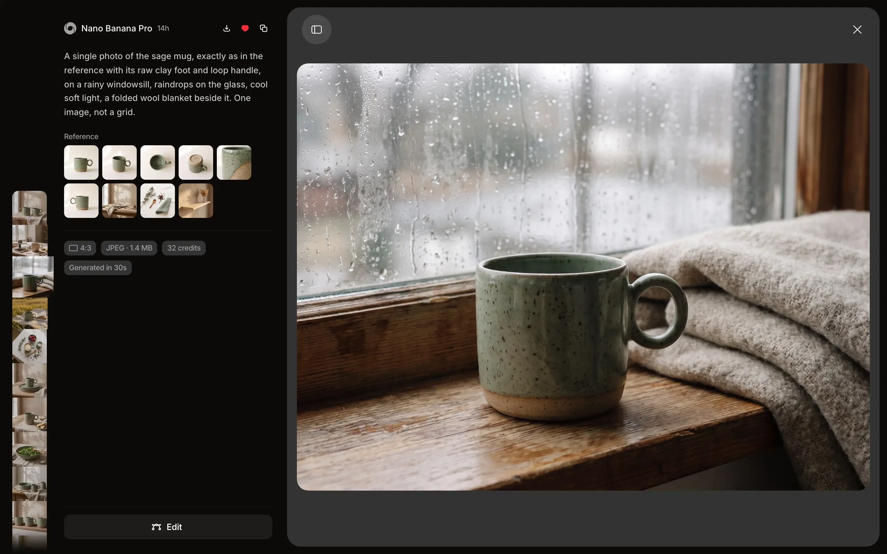 A mug photo open in the lightbox, with the model, the prompt, the reference images it used and the Edit button in the sidebar.