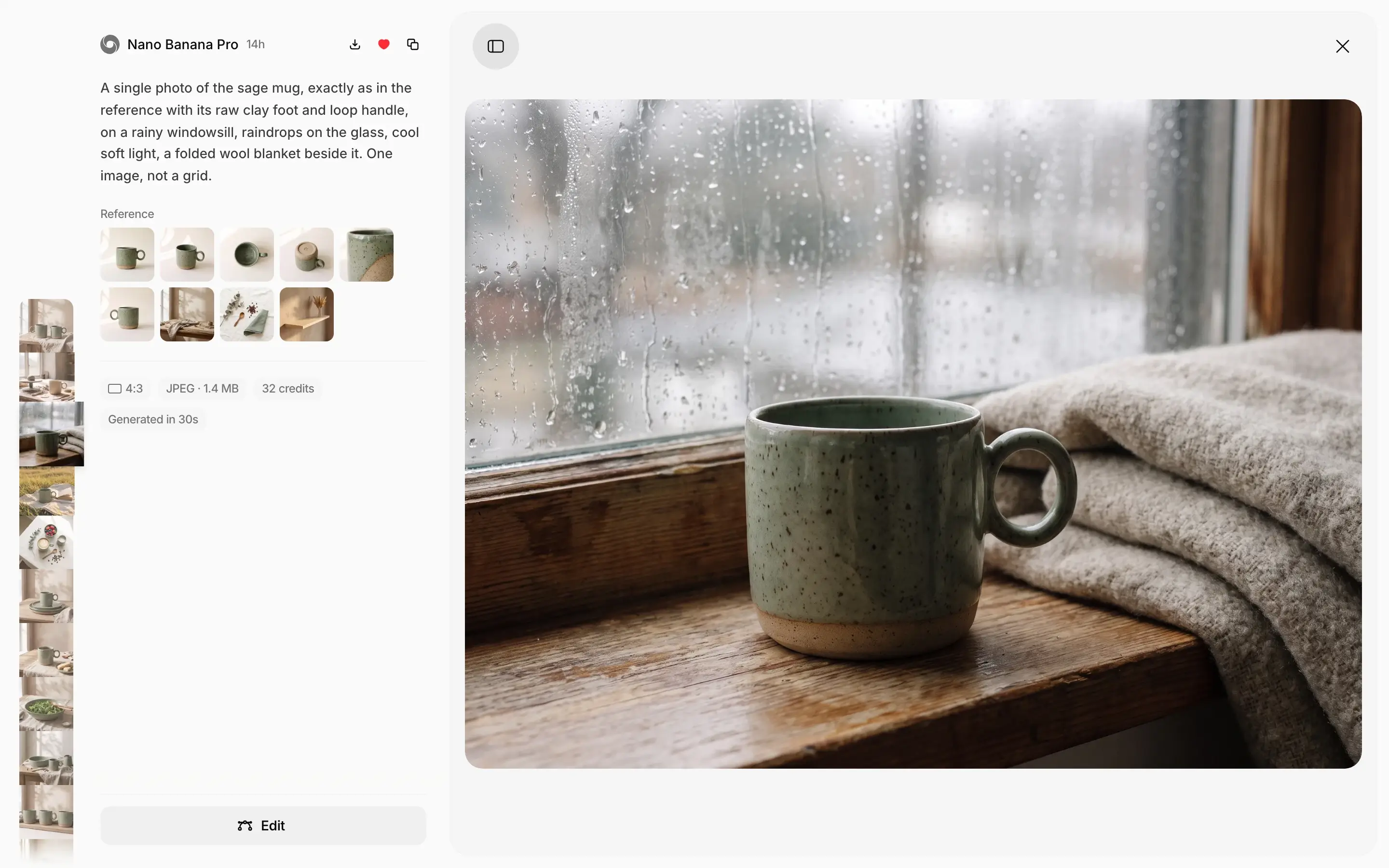 A mug photo open in the lightbox, with the model, the prompt, the reference images it used and the Edit button in the sidebar.