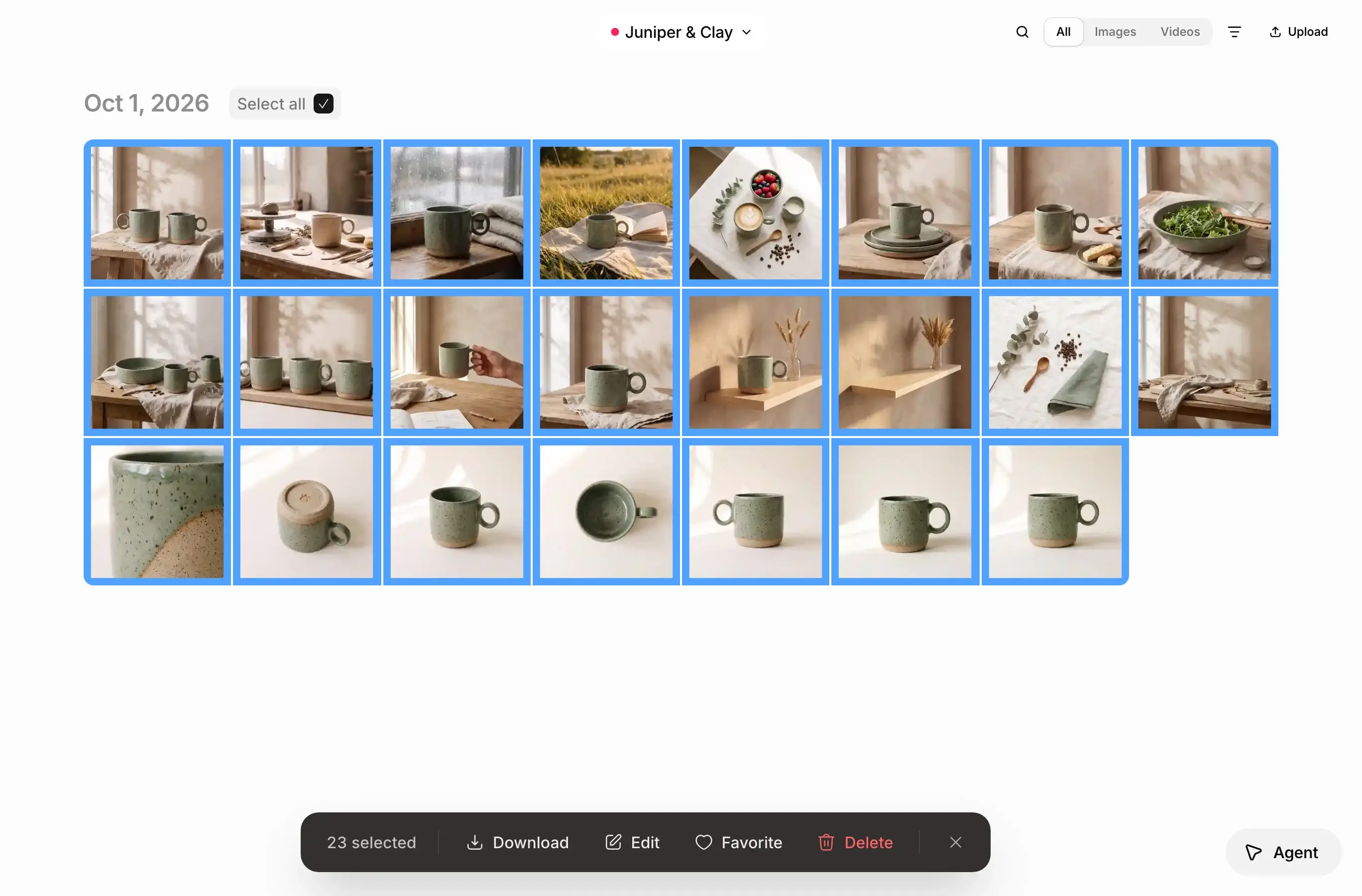 Every image from one day selected with Select all, and the toolbar at the bottom showing Download, Edit, Favorite and Delete.