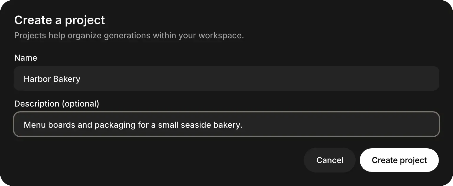 The Create a project window with a name and a one-line description filled in.