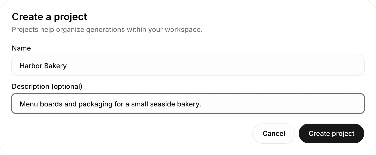 The Create a project window with a name and a one-line description filled in.